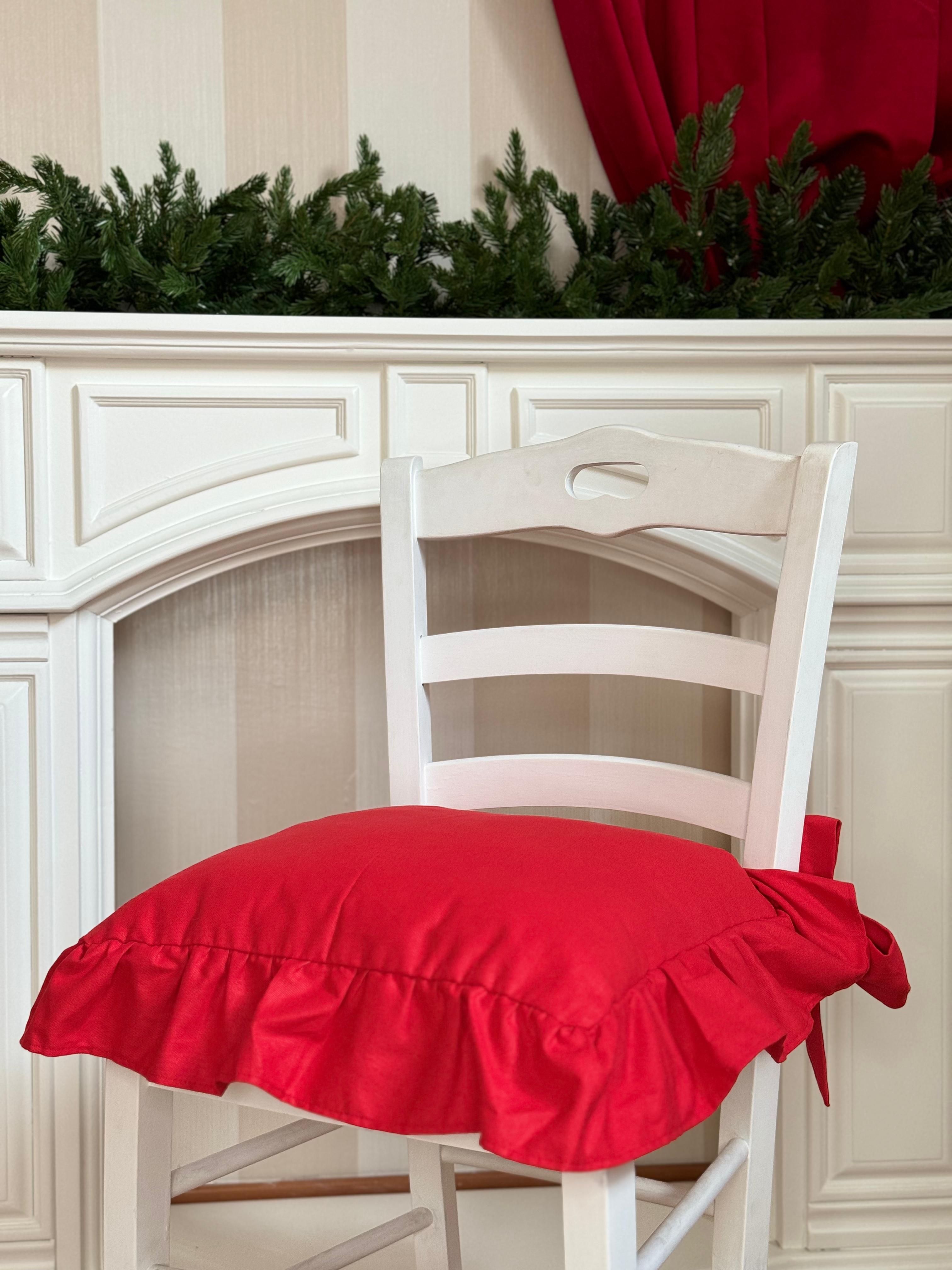 Cuscino da sedia sartoriale natalizio tutto rosso in panama con balza - 45x45 cm - Fiorentino Home